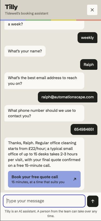 The demo chatbot collecting Ralph’s test details and offering a quote-call booking link
